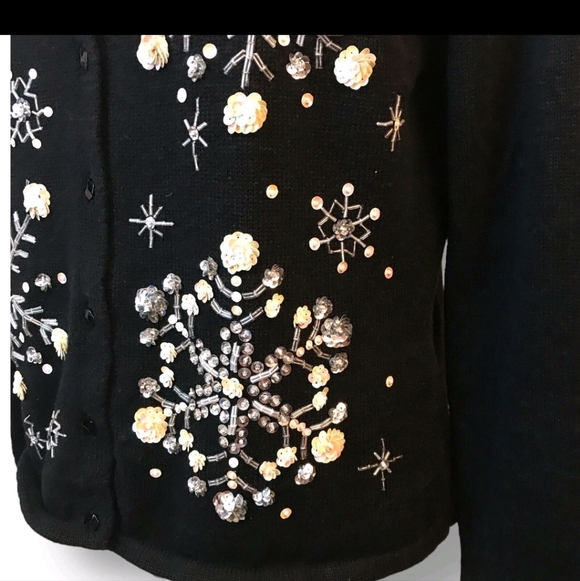Vintage Tiara International 2004 Black Snowflake Cardigan Small Sequin Beaded - Picture 5 of 11